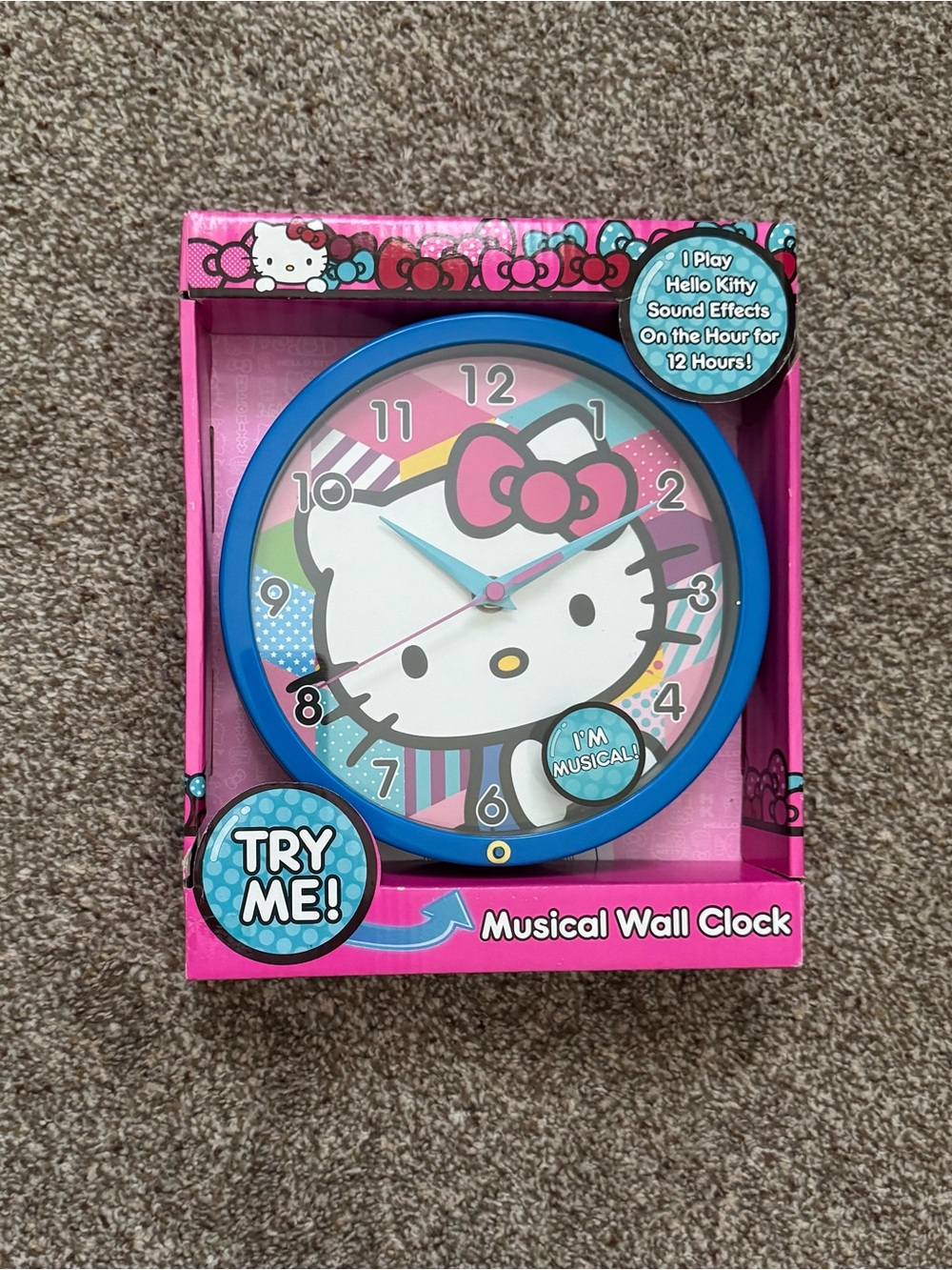 NIB Hello Kitty Blue Frame Pink Face Musical Wall Clock